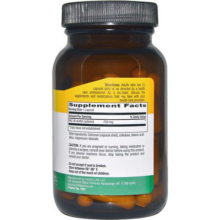N-Acetyl Cystein Nac, Antioxidanter, Kosttillskott: Country Life, NAC, N-Acetyl Cysteine, 750 mg, 60 Veggie Caps