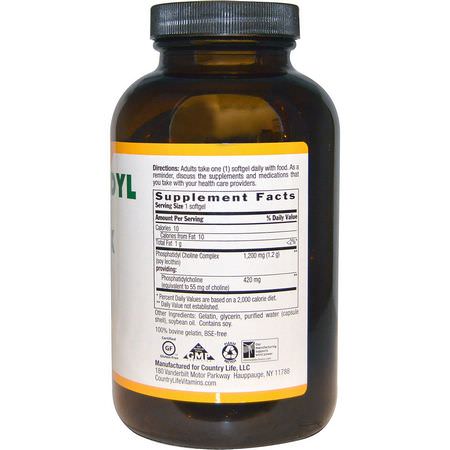 Fosfatidylkolin, Fosfolipider, Kosttillskott: Country Life, Phosphatidyl Choline Complex, 1200 mg, 200 Softgels