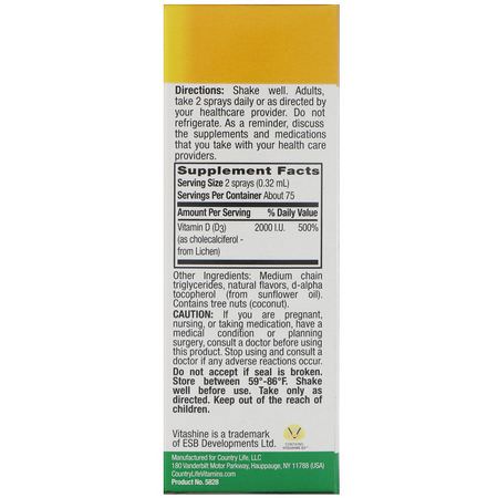 D3 Cholecalciferol, D-Vitamin, Vitaminer, Kosttillskott: Country Life, Vitamin D3 Spray, Vanilla Bean Flavor, 2,000 I.U. (50 mcg), 150 Ingestible Sprays, 0.81 fl oz (24 ml)
