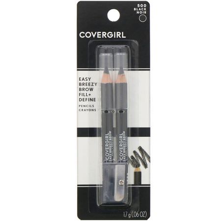 Ögonbryn, Ögon, Smink: Covergirl, Easy Breezy, Brow Fill + Define Pencils, 500 Black, 0.06 oz (1.7 g)
