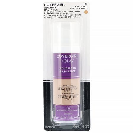 Foundation, Face, Makeup: Covergirl, Olay Advanced Radiance, Age-Defying Makeup, SPF 10, 125 Buff Beige, 1 fl oz (30 ml)