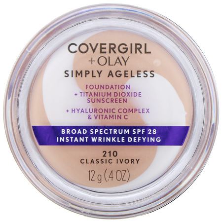 Foundation, Face, Makeup: Covergirl, Olay Simply Ageless Foundation, 210 Classic Ivory, .4 oz (12 g)