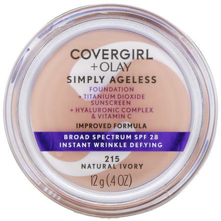 Foundation, Face, Makeup: Covergirl, Olay Simply Ageless Foundation, 215 Natural Ivory, .4 oz (12 g)