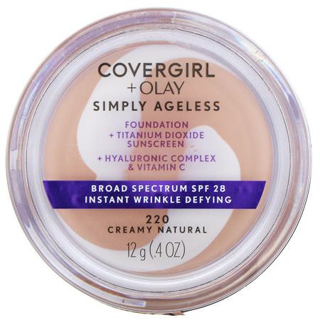 Foundation, Face, Makeup: Covergirl, Olay Simply Ageless Foundation, 220 Creamy Natural, .4 oz (12 g)