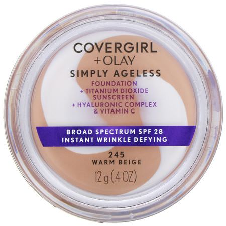 Foundation, Face, Makeup: Covergirl, Olay Simply Ageless Foundation, 245 Warm Beige, .4 oz (12 g)