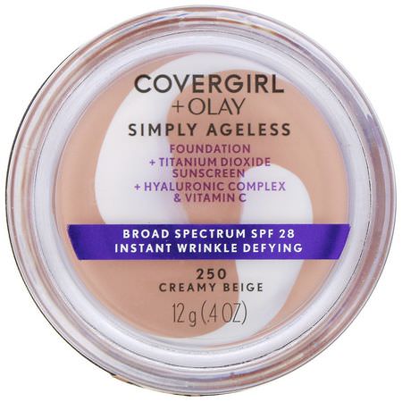 Foundation, Face, Makeup: Covergirl, Olay Simply Ageless Foundation, 250 Creamy Beige, .4 oz (12 g)