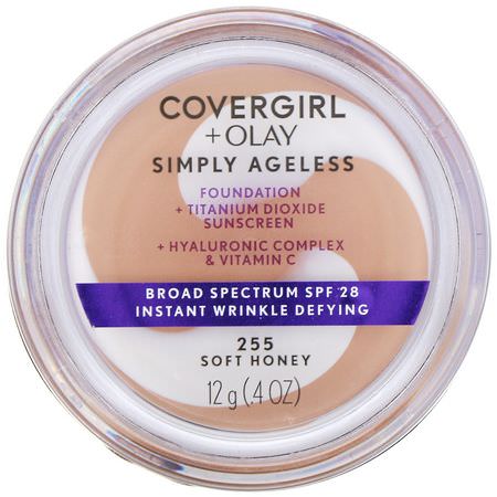 Foundation, Face, Makeup: Covergirl, Olay Simply Ageless Foundation, 255 Soft Honey, .4 oz (12 g)