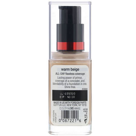 Foundation, Face, Makeup: Covergirl, Outlast All-Day Stay Fabulous, 3-in-1 Foundation, 845 Warm Beige, 1 fl oz (30 ml)