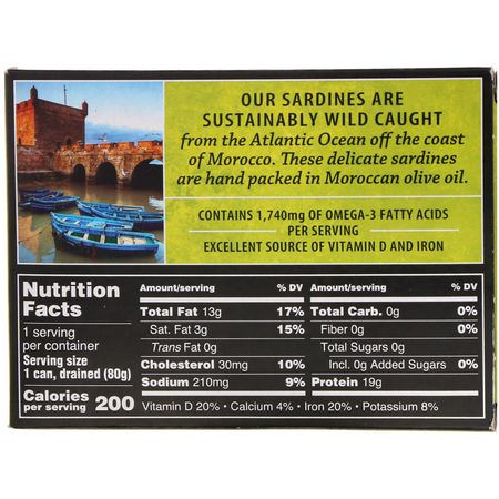 Sardiner, Skaldjur: Crown Prince Natural, Skinless & Boneless Sardines, In Pure Olive Oil, 3.75 oz (106 g)