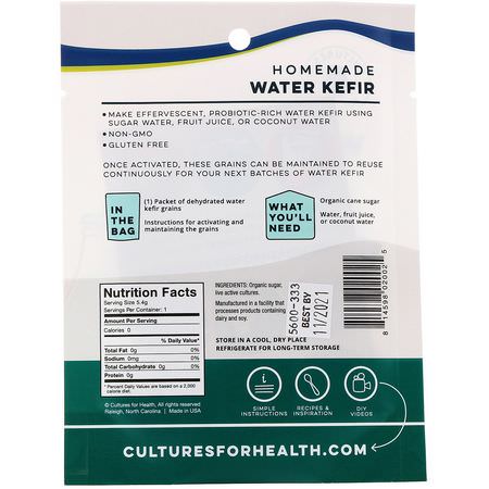Mjölk, Kokosnötvatten, Drycker, Vinjärn: Cultures for Health, Water Kefir, 1 Packet, .19 oz (5.4 g)
