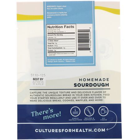 Inslag, Bröd, Säd, Ris: Cultures for Health, Sourdough, Whole Wheat, 1 Packet, .13 oz (3.7 g)