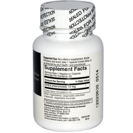 Dhea, Kosttillskott: DaVinci Laboratories of Vermont, Micronized DHEA, 10 mg, 90 Capsules