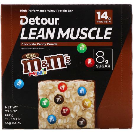 Vassleproteinstänger, Proteinstänger, Brownies, Kakor: Detour, Lean Muscle Bar, Chocolate Candy Crunch M&M's, 12 Bars, 1.9 oz (55 g)
