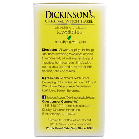 Witch Hazel, Towelettes, Face Wipes, Scrub: Dickinson Brands, Original Witch Hazel On the Go, Refreshingly Clean Towelettes, 20 Per Carton, 5