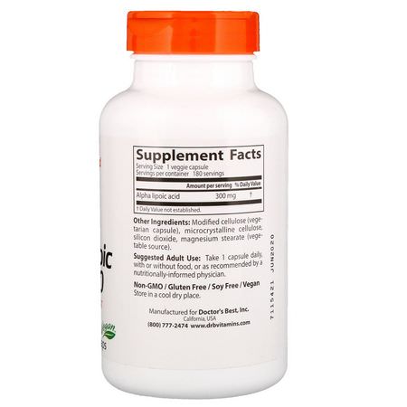 Alpha Lipoic Acid, Antioxidants, Supplements: Doctor's Best, Alpha-Lipoic Acid, 300 mg, 180 Veggie Caps