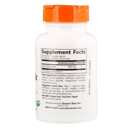 Alpha Lipoic Acid, Antioxidants, Supplements: Doctor's Best, Alpha-Lipoic Acid, 600 mg, 60 Veggie Caps