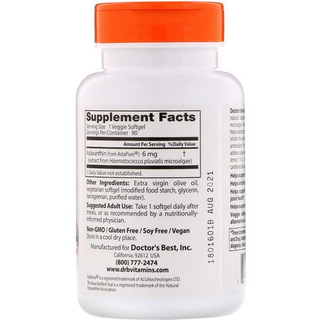 Astaxanthin, Antioxidants, Supplements: Doctor's Best, Astaxanthin with AstaPure, 6 mg, 90 Veggie Softgels