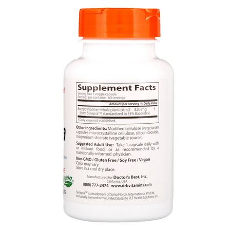 Bacopa, Adaptogens, Homeopati, Örter: Doctor's Best, Bacopa With Synapsa, 320 mg, 60 Veggie Caps
