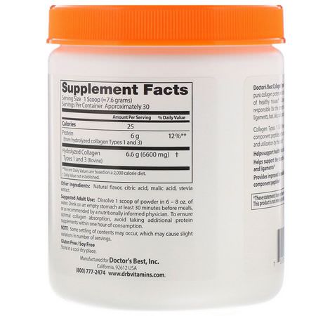Kollagentillskott, Fog, Ben, Kosttillskott: Doctor's Best, Collagen, Types 1 and 3 Powder, Peach Flavored, 8.1 oz (228 g)