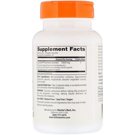 Curcumin, Gurkmeja, Antioxidanter, Kosttillskott: Doctor's Best, Enhanced Bioavailability Turmeric Plus Fenugreek, 500 mg, 90 Veggie Caps