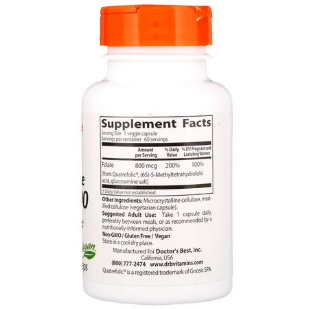 Folsyra, Vitamin B, Vitaminer, Kosttillskott: Doctor's Best, Fully Active Folate 800, 800 mcg, 60 Veggie Caps