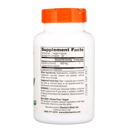 Goji-Kosttillskott, Superfoods, Green, Supplements: Doctor's Best, Goji Berry Extract, 600 mg, 120 Veggie Caps