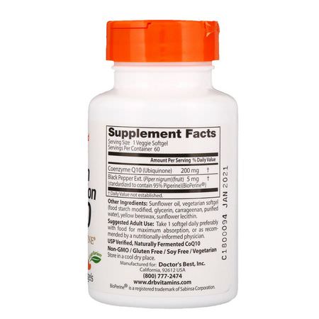 Koenzym Q10, Coq10, Antioxidanter, Kosttillskott: Doctor's Best, High Absorption CoQ10 with BioPerine, 200 mg, 60 Veggie Softgels