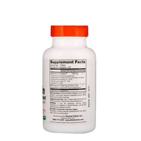 Curcumin, Gurkmeja, Antioxidanter, Kosttillskott: Doctor's Best, High Absorption Curcumin with C3 Complex and BioPerine, 1,000 mg, 120 Tablets