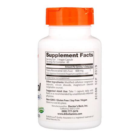 Resveratrol, Antioxidanter, Kosttillskott: Doctor's Best, High Potency Trans-Resveratrol, 600 mg, 60 Veggie Caps