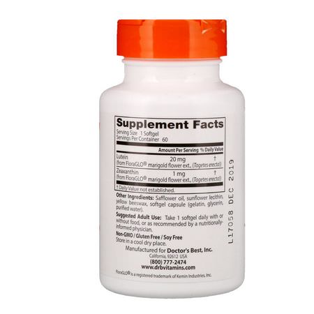 Zeaxanthin, Lutein, Nose, Ear: Doctor's Best, Lutein with FloraGlo Lutein, 20 mg, 60 Softgels