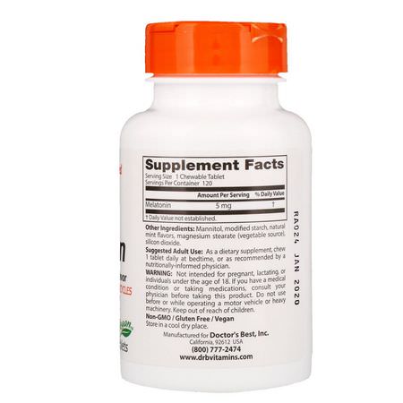 Melatonin, Sömn, Kosttillskott: Doctor's Best, Melatonin, Natural Mint Flavor, 5 mg, 120 Chewable Tablets