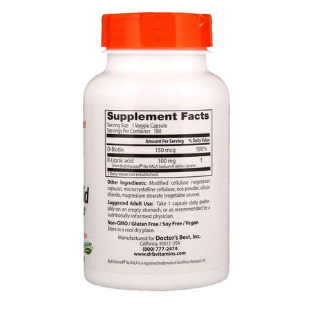 Alpha Lipoic Acid, Antioxidants, Supplements: Doctor's Best, Stabilized R-Lipoic Acid with BioEnhanced Na-RALA, 100 mg, 180 Veggie Caps