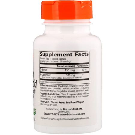 Alpha Lipoic Acid, Antioxidants, Supplements: Doctor's Best, Stabilized R-Lipoic Acid with BioEnhanced Na-RALA, 100 mg, 60 Veggie Caps