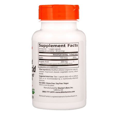 Alpha Lipoic Acid, Antioxidants, Supplements: Doctor's Best, Stabilized R-Lipoic Acid with BioEnhanced Na-RALA, 200 mg, 60 Veggie Caps