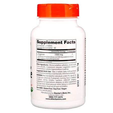 L-Arginine, Amino Acids, Supplements: Doctor's Best, Sustained Plus Immediate Release L-Arginine, 500 mg, 120 Bilayer Tablets