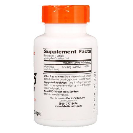 D3 Cholecalciferol, D-Vitamin, Vitaminer, Kosttillskott: Doctor's Best, Vitamin D3, 125 mcg (5000 IU), 180 Softgels