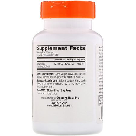 D3 Cholecalciferol, D-Vitamin, Vitaminer, Kosttillskott: Doctor's Best, Vitamin D3, 125 mcg (5000 IU), 360 Softgels