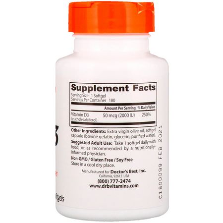 D3 Cholecalciferol, D-Vitamin, Vitaminer, Kosttillskott: Doctor's Best, Vitamin D3, 50 mcg (2,000 IU), 180 Softgels