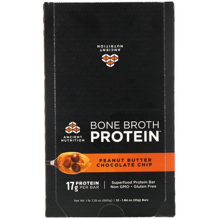 Benbuljong, Led, Ben, Kosttillskott: Dr. Axe / Ancient Nutrition, Bone Broth Protein Bar, Peanut Butter Chocolate Chip, 12 Bars, 1.94 oz (55 g) Each