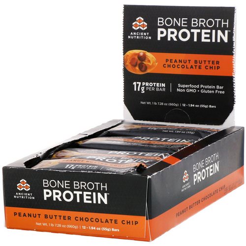 Dr. Axe / Ancient Nutrition, Bone Broth Protein Bar, Peanut Butter Chocolate Chip, 12 Bars, 1.94 oz (55 g) Each Review