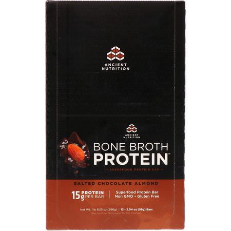 Vassleproteinstänger, Proteinstänger, Brownies, Kakor: Dr. Axe / Ancient Nutrition, Bone Broth Protein Bar, Salted Chocolate Almond, 12 Bars, 2.04 oz (58 g) Each