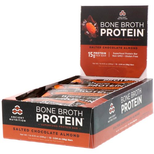 Dr. Axe / Ancient Nutrition, Bone Broth Protein Bar, Salted Chocolate Almond, 12 Bars, 2.04 oz (58 g) Each Review