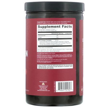 Protein, Sportnäring, Kollagentillskott, Fog: Dr. Axe / Ancient Nutrition, Multi Collagen Protein, Strawberry Lemonade, 1.18 lbs (535.5 g)