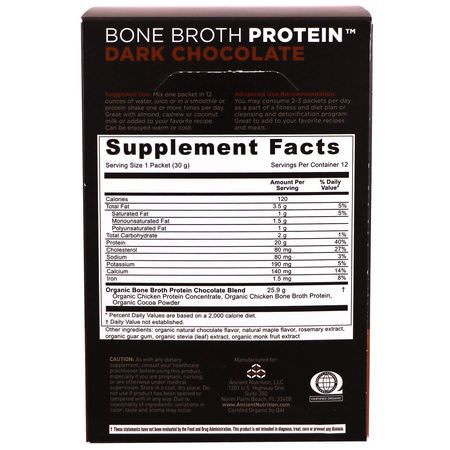Kycklingprotein, Djurprotein, Idrottsnäring, Benbuljong: Dr. Axe / Ancient Nutrition, Organic Bone Broth Protein, Dark Chocolate, 12 Single Serve Packets, 1.06 oz (30 g) Each