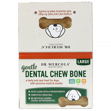 Dentalvård För Husdjur, Djurhälsa, Husdjur: Dr. Mercola, Gentle Dental Chew Bone, Large, For Dogs, 12 Bones, 1.97 oz (56 g) Each