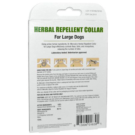 Tick Defense, Loppa, Husdjurshälsa, Husdjurstillbehör: Dr. Mercola, Herbal Repellent Collar for Large Dogs, One Collar, 1.5 oz (42.52 g)
