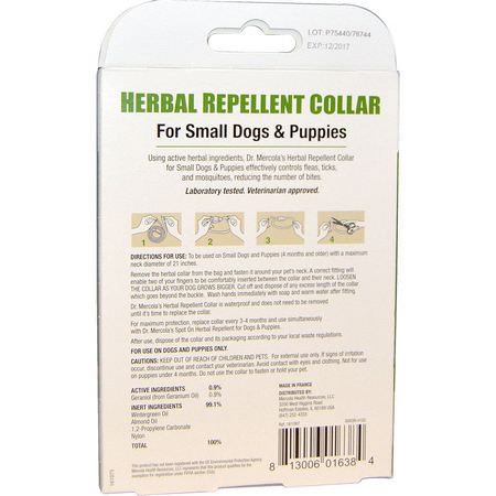 Tick Defense, Loppa, Pet Health, Pet Supplies: Dr. Mercola, Herbal Repellent Collar, For Small Dogs & Puppies, One Collar, 0.7 oz (19.85 g)