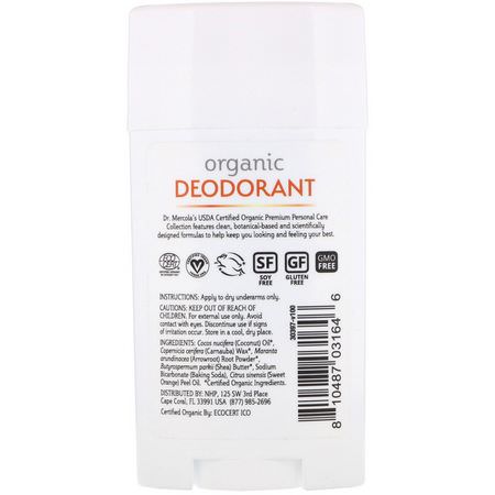 Deodorant, Bath: Dr. Mercola, Organic Deodorant, Sweet Orange, 2.5 oz (70.8 g)