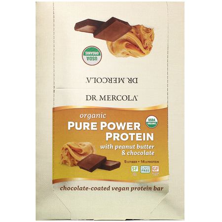 Växtbaserade Proteinbarer, Proteinbarer, Brownies, Kakor: Dr. Mercola, Organic Pure Power Protein, Peanut Butter & Chocolate, 12 Bars, 1.83 oz (52 g) Each