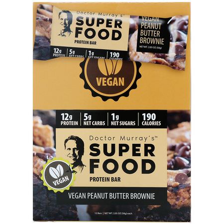 Växtbaserade Proteinbarer, Proteinbarer, Brownies, Kakor: Dr. Murray's, Superfood Protein Bars, Vegan Peanut Butter Brownie, 12 Bars, 2.05 oz (58 g) Each
